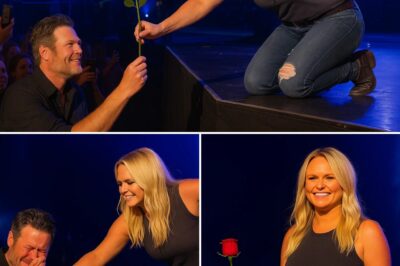 “I can still feel him in every note…” Miranda Lambert whispered before she struck the first chord, her voice barely louder than the silence that enveloped the crowd. It was a performance, but “Over You” was never just a song—it was a memory clothed in melody. As she stood alone under the soft purple light, her voice hovered like a prayer, tender and aching, as if reaching out to someone she could no longer reach. The audience believed Blake Shelton was absent—until a quiet ripple disturbed the silence. A woman KNEELED in the shadows and placed a red rose in the hands of a man in a cowboy hat, his eyes filled with unspoken grief. It was Blake—hidden, listening, loving from afar. And when Miranda looked at him and smiled throughout the song, the moment blossomed into something sacred: the kind of love that doesn’t fade, just changes shape… and continues to sing long after the last note has fallen.