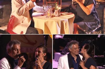 Andrea Bocelli and his wife, Veronica, created an unforgettable moment with their incredibly romantic duet of “Qualche Stupido.” Dressed elegantly, the couple enjoyed a dinner at an outdoor table in Italy, surrounded by beauty. As the evening unfolded, they began singing together, their voices blending perfectly in a sweet and tender performance. Veronica, gently holding Andrea’s hand, led him to stand before the audience, creating a heartfelt scene that melted the hearts of millions. The genuine connection between them made this intimate moment even more special