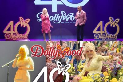 On a bright May morning, the sound of country music echoed through the Great Smoky Mountains in Tennessee, as Dolly Parton — the immortal icon of country music — appeared radiant before a crowd of fans. With her legendary golden hair, warm smile, and sparkling eyes, Dolly not only marked the 40th anniversary of Dollywood, her signature theme park, but also reflected on her journey from a poor rural girl to a global star. Amid roller coasters, the delicious smell of donuts, and children’s laughter, Dolly choked up as she shared her pride, a “American dream” written in music, perseverance, and a kind heart. But little did anyone know, amidst the festive atmosphere, Dolly also revealed a special project that left the crowd holding their breath in anticipation…