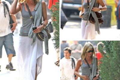 Jennifer Aniston appeared with a youthful, dynamic style with a tight tank top and a flowing white skirt, but what caught everyone’s attention was not her trendy appearance — but her unusually pensive expression, her eyes constantly looking around as if trying to hide something.