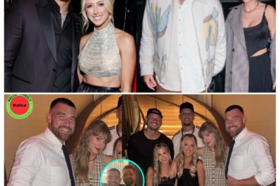 Travis kelce & Fiancé Taylor Swift posing together at Brittany Mahomes birthday party at 1587 prime