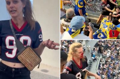 NFL stadium horror as shocking viral brawl leaves female Texans fan bloodied, humiliated, and abandoned outside SoFi Stadium, screaming for help with no phone, no support, and only rage as she vows explosive lawsuit against Rams fans, security, and league for chaos that shocked America!