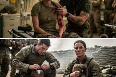 Injured but Quiet — No One Spoke When the SEAL Medic Discovered Her Combat Background Dust swirled through the medevac tent as the chopper blades faded into the distance. The air reeked of blood, gun oil, and burned sand. On a cot near the back, a young woman sat silently, her uniform torn, shoulder bandaged, eyes distant — too calm for someone fresh off the battlefield. The SEAL medic, Corpsman Jack Raines, knelt beside her, wrapping gauze around a deep shrapnel wound. “You’re lucky,” he muttered, trying to break the silence. “Civilians don’t usually make it out of an ambush like that.” No response. Just that same unreadable stare. He glanced at her dog tags — but they weren’t standard issue. Then his eyes caught something else: a faint tattoo on her wrist, half-hidden under blood and dirt. He froze. A trident and dagger — the mark of a covert operations unit long thought disbanded. The room went still. Every SEAL nearby stopped what they were doing, realizing the quiet, injured woman on the cot wasn’t just another evac. She was one of them — or worse, one of the ghosts they whispered about. And suddenly, everyone understood why she’d survived when no one else had…