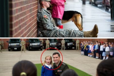 A Little Girl and Her Dog Stood in the Rain for an Hour Holding an Umbrella Over a Fainted Soldier — The Next Morning, 10 Black SUVs Pulled Up at Her School The storm hit Springfield, Virginia, just before dusk — one of those relentless autumn rains that turned the streets into rivers and the air into mist. Most people ran for cover. But Emily Carter, age nine, didn’t. She was walking home from piano lessons, her little beagle, Scout, trotting beside her, when she saw him — a man in a torn uniform slumped against a guardrail on the side of Route 19. His head was bowed, his body motionless, and rainwater poured off his shoulders like the world was trying to wash him away. Emily froze. Scout whimpered. “Sir?” she called softly. No response. She took a cautious step closer. The man wasn’t old, maybe mid-thirties, his skin pale beneath a few days of stubble. The patch on his sleeve was faded, but she could still make out the words: U.S. ARMY. Most kids would’ve run home. But Emily did what her father — a firefighter — always told her to do. “If you can’t help, at least don’t walk away.” So she didn’t. She opened her tiny umbrella — bright yellow, dotted with cartoon ducks — and held it above him. Rain pounded around them, drenching her shoes and soaking her backpack, but she didn’t move. Scout curled against her feet, whining softly, as if he understood. Cars passed. No one stopped. Minutes turned into an hour. The soldier’s chest still rose and fell, faint but steady. Emily’s arms ached, her hair plastered to her face, but she kept holding the umbrella — because somehow, it felt like if she put it down, he might disappear. By the time the ambulance arrived, her lips were blue. The paramedics told her he was alive — barely. She just nodded, whispered, “Please tell him… we waited.” The next morning at Lincoln Elementary, Emily was called to the principal’s office. She thought she was in trouble. But when she stepped outside, the entire playground had fallen silent. Ten black SUVs were lined up along the curb, their engines rumbling. Soldiers in dress uniforms stood at attention. And from the lead vehicle, a tall man stepped out — his chest lined with ribbons, his shoulders bearing the four silver stars of a General. He took off his cap as he approached the trembling little girl….