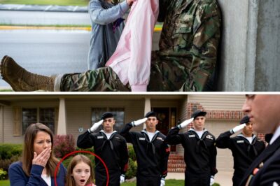 A 12-Year-Old Girl Gave Her Only Raincoat to a Wounded Soldier — The Next Morning, a SEAL Team Stood at Her Door and Left Her Family Changed Forever The rain had started before sundown — one of those cold, endless drizzles that turned Ashton County, North Carolina into a blur of mud, mist, and headlights. Sophie Miller, twelve years old, was walking home from the grocery store, her worn backpack heavier than it should’ve been. Inside were eggs, bread, and a can of soup — dinner for her and her mom. The rain slicked her hair to her forehead, and her thin yellow raincoat clung to her like a second skin. That’s when she saw him. At first, she thought he was a shadow under the overpass — just another man trying to stay dry. But as she got closer, she saw the blood. He was sitting against a concrete pillar, one boot missing, one arm wrapped in a makeshift bandage. His uniform was torn, caked with mud and travel. On his shoulder, the faint outline of a Navy SEAL trident caught the dim light. Sophie stopped. Her heart hammered in her chest. The man looked up slowly, eyes glassy but kind. “Hey there, kid,” he rasped. “Don’t come too close. I’m fine.” He wasn’t fine. His lips were pale, his hands trembling. She hesitated, then unzipped her raincoat. “You’re cold,” she said softly. He shook his head. “You’ll get sick.” She smiled the way only a child can — pure and stubborn. “Mama says heroes shouldn’t be cold.” And before he could stop her, she slipped the raincoat over his shoulders. It was far too small, but it covered his chest. He tried to speak, but she leaned close and whispered, her voice barely audible under the storm: “Welcome home, hero.” The words broke something open in him. He looked away quickly, blinking hard as rain mingled with tears. By the time she turned to leave, headlights cut through the rain — a pickup truck. Her mother’s voice shouted her name. When Sophie looked back, the soldier was gone, leaving only the raincoat draped over a pile of empty shell casings and a patch — a SEAL insignia torn from his sleeve. The next morning, there was a knock at the door. Sophie’s mother opened it and froze. Ten men stood on the porch — silent, dressed in dark Navy uniforms, rain still dripping from their caps. Parked behind them were three black SUVs with government plates. At their center was the same insignia Sophie had seen the night before — the trident glinting gold against the gray morning. A tall officer stepped forward, his expression solemn yet warm. “Mrs. Miller?” he asked. “Your daughter… Sophie?” Her mother’s voice trembled. “Y-yes. Did something happen?” The man smiled faintly, his voice rough. “Ma’am, one of our own was found last night. He said a little girl gave him her only coat — and called him a hero.” He turned to Sophie, kneeling so his eyes met hers. “That man… was my brother. He made it home because of you.” From the back of the SUV, two SEALs emerged carrying something large…