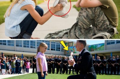 A Little Girl Gave Her Only Stuffed Bunny to a Boy Who Lost His Father in War — The Next Day, a Navy SEAL Team Came to Her School with a Promise It was one of those quiet autumn evenings in Virginia, when the air smelled like fallen leaves and the sky burned orange before turning cold and gray. The school bus had long passed, and the streets were empty except for a little girl walking home — her pink backpack bouncing softly with every step. Lila Parker, ten years old, held in her arms a small, worn-out stuffed bunny. Its left ear drooped, one button eye was missing, and the stitching along its belly had been mended a dozen times by careful, clumsy hands. It wasn’t just a toy — it was her treasure. Her father, Staff Sergeant Daniel Parker, had given it to her the day she was born, right before his last deployment. It was the only piece of him she had left. As Lila turned the corner by the old gas station, she saw him — a boy, maybe her age, sitting on the curb with his knees pulled tight to his chest. His clothes were dirty, his face pale, his eyes red from crying. Beside him lay a folded flag, wrapped carefully in plastic. She stopped. The boy didn’t look up at first. But when he did, Lila saw something she didn’t understand — the kind of sadness that doesn’t belong on a child’s face. “Are you okay?” she asked softly. He shook his head. “My dad… he’s not coming home. The soldiers came today.” Lila’s throat tightened. She looked down at the bunny in her hands — the one thing that had kept her company on the nights she missed her own father. She hesitated for a moment, then crouched down and gently placed it in his lap. “This was my daddy’s gift,” she whispered. “He said it protects me when he can’t. Maybe… it can protect you now.” The boy stared at it, then at her, not sure what to say. Before he could find words, Lila smiled — a small, brave smile — and said, “When my dad comes home, I’ll tell him I gave it to a hero’s son.” Then she stood, turned, and walked away through the falling leaves, her backpack swinging, her heart heavy but warm. The next morning, the sound of rotor blades broke the stillness over Jefferson Elementary School. A black Navy SEAL transport helicopter landed on the football field, sending dust swirling as teachers and students rushed to the windows. From it stepped six men in dress uniforms — medals glinting under the sun, their expressions solemn. At their front was Commander Holt, tall and weathered, carrying something wrapped carefully in his gloved hands. They walked straight to Lila’s classroom. The noise died instantly as the door opened. “Are you Lila Parker?” the Commander asked, voice deep but gentle. Lila blinked, unsure whether to nod or hide behind her desk. “Y-yes, sir.” The Commander knelt…