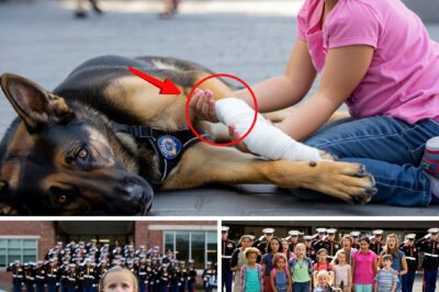 A 6-Year-Old Girl Spent All Her Pocket Money on Medicine for a Wounded K9 — The Next Day, 100 Marines Lined Up Outside Her School The bell at Jefferson Elementary had just rung when the storm began. Rain came down in sheets, pooling in gutters and rushing along the curb like tiny rivers. Most kids ran for cover. But Sophie Miller, six years old and barely tall enough to reach her locker, didn’t run. Because in the alley behind the playground, she saw something that stopped her small heart cold — a dog, big and tan, lying in the mud, its fur matted and one paw twisted at an awkward angle. At first she thought it was a stray. Then she saw the tag hanging from its collar — scratched and dirty, but still legible: “K9 — Marine Corps” The dog whimpered as she approached. There was blood on its leg, and something in its eyes — not fear, but pain mixed with pride. Like it didn’t know how to ask for help. Sophie knelt down, her raincoat soaked through, and whispered softly, “It’s okay, buddy. I’ve got you.” That evening, while most kids watched cartoons and drank hot chocolate, Sophie emptied the little pink piggy bank on her bedroom floor. Coins rolled across the wood like raindrops. $8.42. Every cent she had saved from birthdays, lemonade stands, and good grades. She stuffed the bills and coins into her tiny backpack and tugged on her yellow rain boots. Her mother called after her, “Sophie, where are you going?” “To the pharmacy!” she yelled back. “He’s hurt!” At the counter, the pharmacist blinked at the drenched little girl placing coins one by one on the counter. “I need bandages. And medicine. For a Marine,” she said. He started to smile — until he saw her eyes. She wasn’t playing. That night, she cleaned the K9’s wound with trembling hands, wrapped it with the gauze, and fed him pieces of her leftover sandwich. The dog licked her fingers, tail thumping once against the floor, before resting his head on her lap. She named him Valor. The next morning, the world changed. The rumble came first — a deep, rhythmic thunder that made the windows at Jefferson Elementary shake. Teachers looked up. Children ran to the windows. Down the street, a convoy of military vehicles rolled to a stop. Black SUVs, olive-green trucks, and a Marine transport humvee. Then — silence. The doors opened. One by one, uniformed Marines stepped out — not ten, not twenty, but nearly a hundred. Their boots struck the wet pavement in perfect unison as they formed two lines in front of the school gate. The principal rushed outside, panic and confusion on her face. “What on earth—” A tall officer, his chest heavy with medals, stepped forward. Rain beaded off his cap as he looked up toward the entrance where Sophie stood frozen, clutching her backpack.