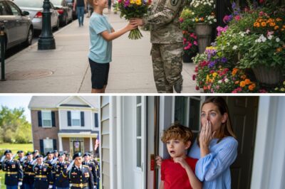 A 10-Year-Old Boy Spent All His Allowance on Flowers for a Veteran Who Could Never Be a Mother — The Next Day, 50 Marines Stood at His Door It started with a boy and a bunch of wilted carnations. Ethan Walker, ten years old, stood on his tiptoes at the counter of Miller’s Flower Shop, counting crumpled dollar bills and a handful of coins. The clerk smiled politely — the kind of smile adults give when they’re trying not to ask questions. Outside, the wind was sharp, tugging at the flags lined along Main Street. It was Mother’s Day — the kind of morning when families carried flowers and smiles home, while others just carried silence. Ethan’s eyes had caught her through the window — a woman standing motionless by the display of roses, her uniform jacket too large for her frame, a faint limp in her right leg. Her hair was tied back in a loose bun, the silver glint of dog tags peeking from beneath her collar. But it was her expression that stopped him cold. Not sadness exactly. More like a kind of hollow quiet — the look of someone watching life move on without her. He had overheard the florist whisper to a customer, “That’s Captain Laura Hayes — Marine Corps. Lost her unit in Fallujah. Got hit bad. Doctors say she can’t…” The woman didn’t finish the sentence, but Ethan understood. He looked at the few dollars in his hand. It was supposed to be for a new baseball glove. But something inside him shifted. “I’ll take that one,” he said, pointing at the smallest bouquet — yellow tulips, a little uneven, but bright like sunlight. The clerk wrapped it gently. Ethan hurried outside, holding the bouquet tight before his courage could slip away. He stopped in front of the woman. “Ma’am?” She blinked, startled. “Yes, sweetheart?” He held out the flowers, his voice small but steady. “Happy Mother’s Day.” For a moment, she didn’t move. Then her lips parted — not for words, but a trembling breath. She knelt down, slow and careful, until she was eye level with him. “Are these for me?” Ethan nodded. “You looked like you needed them more than anyone.” Her hands shook as she took the bouquet. “I… I can’t have children, honey.” Ethan’s answer came without hesitation. “That doesn’t mean you’re not a mom.” Tears filled her eyes before she could stop them. And in that quiet parking lot, surrounded by the smell of flowers and rain, a ten-year-old boy gave a soldier something the war had taken away — the feeling of being seen. The next morning, the rumble of engines shook the small suburban street awake. Ethan’s mother pulled the curtains aside — and gasped. Fifty U.S. Marines stood in formation outside their front yard. Parked behind them were two Humvees, a transport truck, and a black SUV bearing a gold insignia. The neighbors gathered on their porches as a tall officer stepped forward — his medals glinting in the sunlight. “Is this the home of Ethan Walker?” Ethan peeked from behind his mom’s leg, wide-eyed…