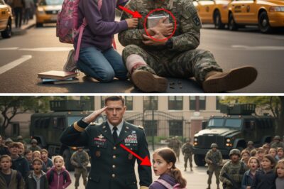 Little Girl Missed Her Big Exam to Help a Wounded Soldier — The Next Morning, a Government Special Ops Team Surrounded Her School The alarm clock blinked 7:02 A.M. when Emma Clark, twelve years old, realized she was going to be late. Her history final — the biggest exam of the year — started in twenty-eight minutes. She threw on her jacket, grabbed her backpack, and sprinted out the front door into the misty Virginia morning. The bus was gone. The road was quiet. That’s when she saw him. At first, it just looked like a pile of old coats slumped near the bus stop. Then one of them moved. A man — maybe in his thirties — dragged himself halfway upright, his left arm slick with blood, his uniform torn and dusty like he’d crawled through a storm. Emma froze. Her breath caught. He wasn’t just a man. He was a soldier. The faded American flag patch on his shoulder said so. “Sir? Are you okay?” she whispered. He blinked, disoriented, one hand clutching a small metal case chained to his wrist. “Hospital… base…” he rasped. “Can’t— can’t lose this…” Most kids would’ve run. Emma didn’t. She dropped her backpack and knelt beside him, pulling her water bottle out. “It’s okay. I can get help.” He shook his head sharply. “No police. No questions. Please. Just… drive me there.” She hesitated. Her mom’s words echoed in her head — ‘Don’t talk to strangers.’ But then she saw the dog tags glinting under his collar. “Okay,” she said finally. “I’ll help.” It took her nearly an hour to push his weight into her mom’s old bicycle trailer. Her sneakers slipped in the gravel, her hands shaking, but she didn’t stop. The hospital was four miles away. By the time she reached it, her arms were raw, her clothes streaked with mud. The soldier was barely conscious. Inside the ER doors, medics swarmed him the moment she screamed for help. As they lifted him onto a gurney, he reached for her sleeve with trembling fingers. “Kid…” His voice was hoarse, but the look in his eyes was clear. “You didn’t just save me. You saved them all.” Then he was gone — swallowed by the blur of doctors and shouting nurses. Emma stood in the hallway, her exam long forgotten, her pulse thundering in her ears. She had no idea what he meant. The next morning, the world found out. Halfway through homeroom, the windows of Jefferson Middle School began to shake. A low hum filled the air — engines. Outside, black SUVs and two armored trucks pulled up to the front gate. Soldiers in dark tactical gear fanned out across the schoolyard. Students pressed against the glass. Teachers panicked. The principal ran out, waving her arms. Then, the back door of the lead vehicle opened — and a man stepped out. Bandaged, pale, but standing tall in a fresh uniform. The same soldier. He looked up at the school, eyes searching until they found the window where a little girl sat frozen at her desk. He nodded once — and every soldier behind him snapped to attention. When the principal rushed outside, trembling…