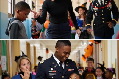 The Teacher Banned the “Poor Kid” from the School Halloween Party — Not Knowing His Father Outranked the General Who Was Coming The hallway smelled of pumpkin candles and glue — that cheap, sugary scent that only meant one thing: the school’s annual Halloween Festival. Every classroom door on Lincoln Elementary’s second floor was covered in paper ghosts and glittering orange cutouts. Laughter echoed down the hall as kids showed off their costumes — superheroes, astronauts, princesses, and one kid in a rented Iron Man suit that glowed every time he moved. And then there was Ethan Brooks, standing quietly by the door, holding a paper invitation crushed in his hand. He didn’t have a costume. Just his old jeans, a gray hoodie, and a pair of sneakers that had seen better days. He’d told his mom it was fine — she’d already been working double shifts since his dad’s latest deployment overseas. He didn’t want her to worry. But the truth? He wanted to go to that party more than anything. He had even drawn a design for a homemade costume — cardboard armor, painted silver, duct-taped together. He’d spent the week collecting scraps from the recycling bin. When he showed it to his teacher, Ms. Caldwell, she smiled — but not kindly. “Ethan,” she said, lowering her voice, “this year’s event is very special. The school board is attending, and a real Army General will be here. We want to show our best side, don’t we?” He nodded slowly. “Yes, ma’am.” She sighed dramatically. “Then maybe it’s better if you sit this one out. Two years in a row without a proper costume — I think we can skip the embarrassment this time, okay?” Her tone was sweet, but her words hit like stones. Around them, the class grew quiet. Someone giggled. Another whispered, “He’s not going.” Ethan’s face flushed. He swallowed hard. “But… my dad said—” Ms. Caldwell cut him off. “Your father’s not here, Ethan. And this event isn’t for… charity cases.” The bell rang, and just like that, the conversation ended. Ethan sat through the rest of the day staring at the clock, his chest tight, his sketch of the cardboard armor folded in his pocket like a secret dream. That evening, his mom found him sitting on the porch, staring at the streetlight. She asked what was wrong, but he just shook his head and whispered, “It doesn’t matter.” She looked at him for a long moment — then picked up her phone. Her hand trembled slightly as she scrolled through the contacts. She hadn’t dialed that number in months. “Ethan’s having trouble at school,” she said softly when the call connected. “What kind of trouble?” the voice on the other end asked — calm, authoritative, and instantly familiar. “The kind you’d want to see for yourself,” she replied. The next morning, the entire school gymnasium buzzed with excitement. The Halloween festival had begun. Balloons, music, a podium at the front, and a red carpet rolled out for the guest of honor — Major General Robert Briggs. Ms. Caldwell was practically glowing with pride, straightening her blazer every ten seconds. “Children,” she said, clapping her hands, “stand tall and look your best!” Then the double doors at the back of the gym opened. A man in full dress uniform stepped in — medals gleaming, hat tucked neatly under his arm. His presence silenced the room. But behind him, two more officers followed… and then another. Ms. Caldwell’s smile faltered. And when the man removed his cap, she froze. General Briggs — the man she’d been bragging about meeting for weeks — immediately straightened and saluted the officer beside him. “Admiral Brooks, sir. Welcome.” Gasps rippled through the room. Ms. Caldwell turned pale. Ethan, standing near the back with his hoodie and paper armor still in his backpack, stared as his father — Admiral Nathan Brooks, freshly returned from deployment — walked straight toward him.