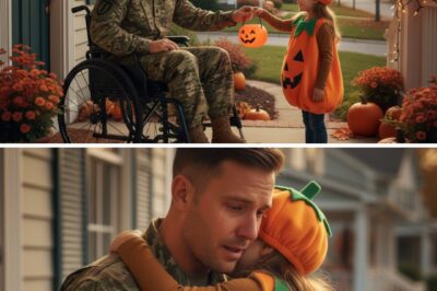The 10-Year-Old Girl Who Defied Her Friends’ Threats and Knocked on a Wounded Veteran’s Door Alone on Halloween Night — The Next Morning, a Navy SEAL Team Arrived at Her House with a Gift That Changed Her Life Forever The night was cold and wet — the kind of Halloween evening when most kids gave up early and hurried home with candy buckets half full. But at the very end of Riverside Lane, one small figure was still out there. Emily Parker, ten years old, dressed in a makeshift ghost costume made from an old bedsheet, stood trembling in front of a dark house that no one in the neighborhood ever dared to approach. The curtains were always drawn. The mailbox overflowed. And behind the rusted gate lived Daniel Cross — a former Navy SEAL, thirty-five, wounded in action, now confined to a wheelchair and forgotten by nearly everyone. Her friends had dared her. “Go knock on his door, Emily — if you’re not too scared!” When she said no, they laughed. “Fine. Stay with your spooky cripple friend then!” one boy sneered before they ran off into the rain. Emily hesitated only for a second. Then she pulled her little plastic pumpkin tighter to her chest, stepped through the puddles, and climbed the cracked front steps. She raised her hand and knocked. Once. Twice. No answer. Through the rain, she whispered, “Mister Cross? It’s Halloween. I thought… maybe you’d like a candy?” The door creaked open — just a few inches. A single, tired eye stared out from the shadow. His voice was gravel and disbelief. “You’re not scared of me, kid?” Emily shook her head, rain dripping from her hair. “Mom says heroes don’t scare people.” For a long moment, neither spoke. Then, slowly, the door opened wider. He saw the way she shivered — thin costume soaked through, small lips trembling. Without a word, he wheeled back, motioning her inside. That night, for the first time in years, the house at the end of Riverside Lane glowed with light. The old veteran laughed — really laughed — as Emily shared candy and stories by the fireplace, her laughter mixing with the crackle of wood and the sound of rain outside. When she left, she said softly, “Thank you for letting me in, Mister Cross. You looked lonely.” He smiled faintly. “You’re the first person who’s knocked on my door in five years.” The next morning, just as the sun began to rise, the ground trembled. Engines. Dozens of them. Emily’s mother ran to the window — and froze. Five black SUVs and two military trucks had stopped in front of their small house. Uniformed men stepped out, forming two perfect lines down the driveway. Then came the hum — deep and distant at first, then deafening. A Black Hawk helicopter descended above the neighborhood, wind whipping through trees and scattering leaves across the street….