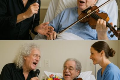 It was an image no one who witnessed it will ever forget — Brian May, the Queen legend with his guitar resting gently across his knees, sitting beside Itzhak Perlman, the master violinist confined to a hospital bed, as the two began an impromptu performance that turned a cold hospital room into a sanctuary of music and memory. Those present said Brian’s soft strumming blended tenderly with Perlman’s trembling but precise violin notes, creating a sound that felt like a prayer, like two worlds speaking to each other through their instruments. There were no cameras, no crowds, just two giants sharing what they loved most, letting the music speak for their pain, their gratitude, and their resilience. At one point, Brian’s voice joined in quietly, a raw, heartfelt harmony that made the nurses in the hallway stop and listen, tears in their eyes. By the final note, Perlman whispered, “I needed this,” his hand squeezing Brian’s, and in that moment, the room felt transformed — not by medicine, but by the healing power of music between two souls who understood what it meant to endure.