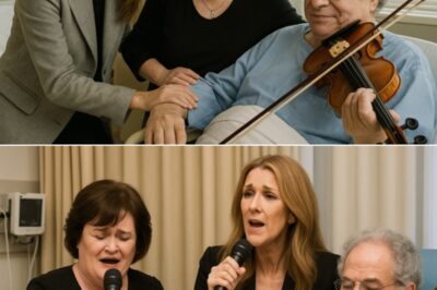In a rare and deeply moving encounter that felt like history unfolding in real time, Susan Boyle and Celine Dion quietly arrived at the home of legendary violinist Itzhak Perlman, not as global superstars but as friends bearing comfort, their arms full of flowers and letters of love, and after hours of heartfelt conversation that left all three in tears, something extraordinary happened — they moved to Perlman’s music room, where the aging maestro, his hands still graceful despite the years, lifted his violin to join Susan and Celine in an impromptu performance of a timeless classical piece, their voices and strings blending into a sound so pure it seemed to transcend the walls, leaving even the staff listening from the doorway in awe, and as the final note lingered in the air, Susan whispered, “This is what Cleo would have wanted,” while Celine wiped her eyes, and Perlman, smiling softly, simply said, “This is why we live — for moments like this.”