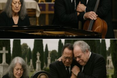 In a cathedral heavy with grief and candlelight, Martha Argerich sat alone at the piano, her fingers trembling as she performed a devastatingly beautiful rendition of “Adagio for Strings” at the funeral of Luciano Pavarotti, each note hanging in the air like a farewell too deep for words, witnesses describing how Yo‑Yo Ma and Itzhak Perlman, standing just a few feet away, clung to each other in silent sobs, their tears catching the glow of the stained glass as the music swelled and broke the hearts of everyone present, one mourner whispering, “It felt like the walls themselves were weeping,” and within hours, leaked recordings of the moment flooded the internet, transforming a private goodbye into a shared global mourning for a voice that will never be forgotten.