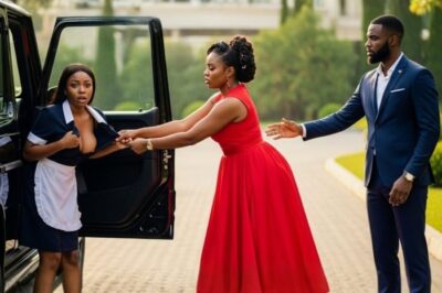 The wife humiliates the maid in front of her husband and throws her out of the car.