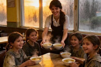 For five years, a small-town waitress quietly paid for the meals of four orphaned girls—never asking for anything in return. But one snowy evening, fifteen years later, a black SUV pulled up at her doorstep…