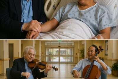The hospital corridors fell silent when Itzhak Perlman, the legendary violinist whose music has graced the world’s greatest stages, arrived to visit his longtime friend Yo‑Yo Ma, who has been hospitalized for what insiders describe as “serious but stable” health concerns, and witnesses recalled the deeply moving scene as Perlman, moving carefully with his crutches, entered the cellist’s room carrying a small case that many assumed held his violin, pausing for a long moment at the bedside before clasping Yo‑Yo Ma’s hand in a gesture of unspoken brotherhood, and sources say the two spent hours together in quiet conversation, reflecting on decades of shared performances, triumphs, and struggles, with one nurse describing the atmosphere as “like watching two pillars of classical music holding each other up,” and although there was no formal performance, Perlman reportedly played a short, tender piece at Yo‑Yo Ma’s request, leaving staff and visitors in tears, and as word of the visit spread online, fans flooded social media with prayers, calling it “a meeting of giants, bound by music and friendship even in the hardest moments.”